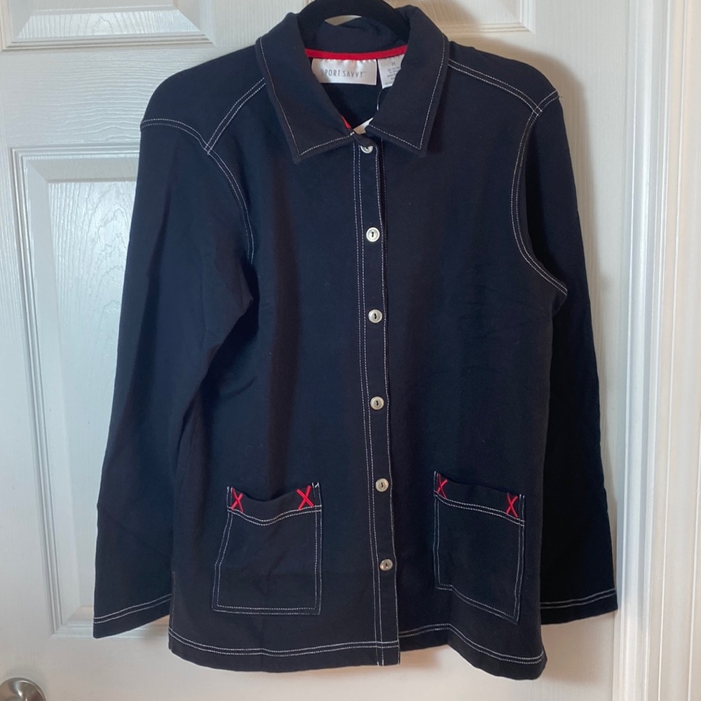 Sport Savvy Women’s Black Button Down Jacket Detailed Stitching Size Medium